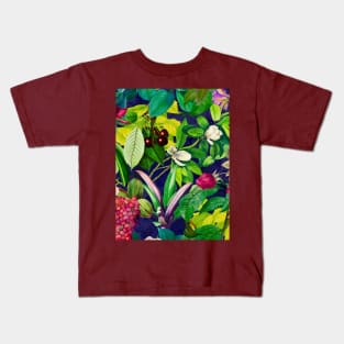 Trendy tropical floral leaves and fruits tropical pattern, botanical illustration, tropical plants, dark blue floral illustration Kids T-Shirt